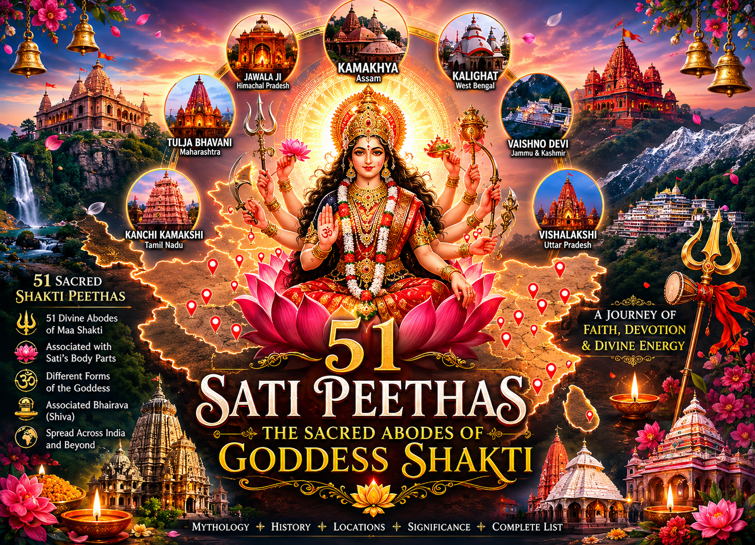 51 Sati Peethas: The Divine Abodes of Goddess Shakti | Complete List, History, Mythology, Locations and Spiritual Significance